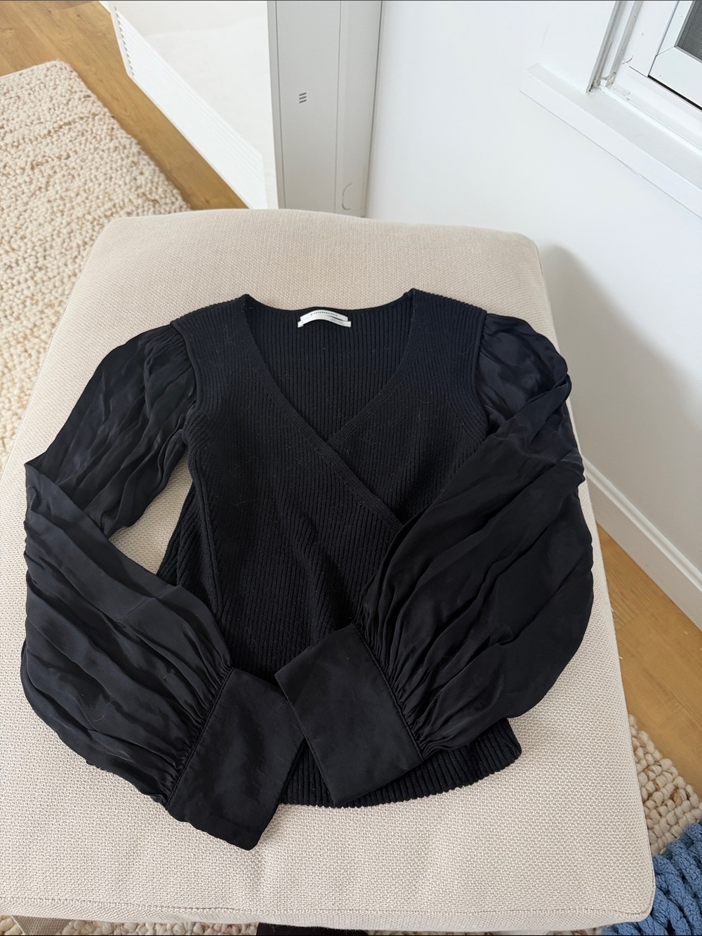 Anthropologie Black V-Neck Pullover with Sheer Bishop Sleeves